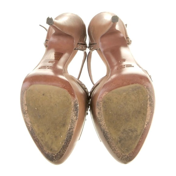 MIU MIU Y2K Coquette Victorian Embellished Leather T-Strap Tan pumps womens 9 - Picture 10 of 12